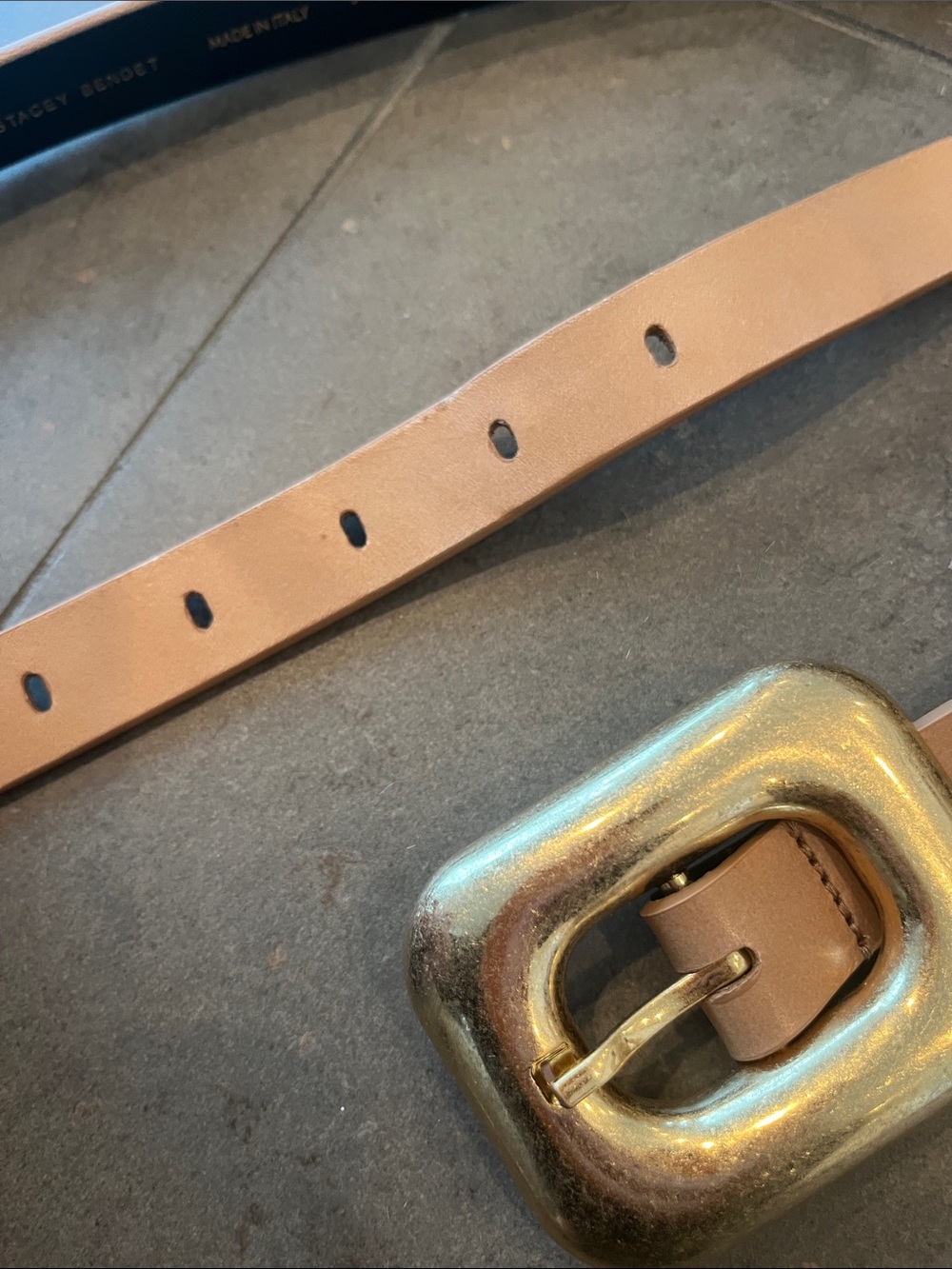 Alice + Olivia Letty Buckle Tan Leather Belt with Oversized Gold Buckle - Picture 9 of 16